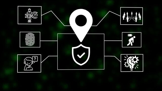 Glowing Neon Icons animation Arranged Around a Central Location Pin within a Frame marker