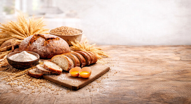 Freshly Baked Artisan Sourdough Bread Loaves on Rustic Wooden Table with Steam and Copy Space