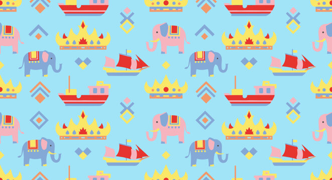 Seamless Pattern Featuring Cute Lampung Indonesia Cultural Icons and Animals