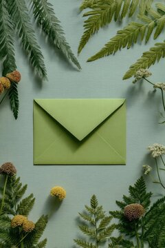 A green envelope rests on a pastel green background, framed by fern leaves and small clusters of yellow and white flowers. Concept Green envelope, Pastel green backdrop, Fern framing