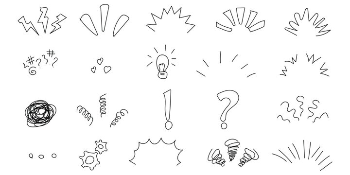 Diverse collection of handdrawn doodle comic style emotional and conceptual symbols for graphic design projects