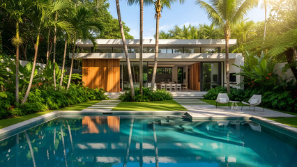 modern house with swimming pool and tropical garden transparent background