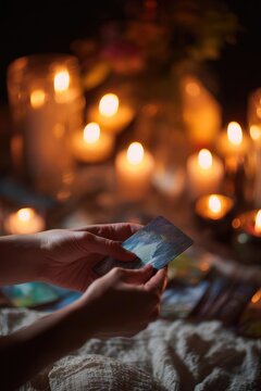 Hands hold tarot cards in a candlelit setting. Concept Tarot Cards, Candlelit Atmosphere, Mystical Hands, Intimate Reading, Soft Glow Portraits