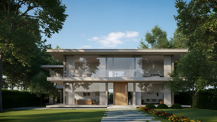 Modern twostory house with large windows and glass doors in a natural setting transparent background