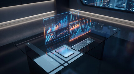 Futuristic office virtual screen hologram data analytics market chart digital tablet keyboard glass desk technology innovation