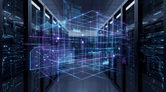 Futuristic data center digital network server room cyber security cloud computing big data artificial intelligence technology innovation - Powered by Adobe
