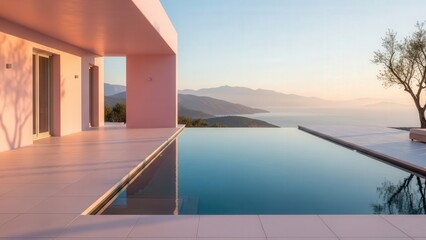 Fototapeta premium Serene Minimalist House with Infinity Pool at Sunset Overlooking Mountain Scenery