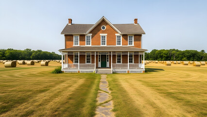 old brick house with white porch in a field with hay bales transparent background