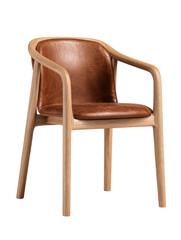 Wooden armchair with brown leather cushion, curved back, and streamlined design