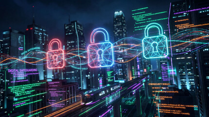 Cybersecurity data protection digital lock neon city network security encryption cyber defense smart city glowing cybersecurity nerve