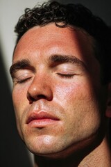 Obraz premium Close-up of a man with eyes closed, sunlit freckled skin, light stubble, and a calm, relaxed expression. Concept Close-up Portrait, Freckled Skin, Light Stubble, Sunlit Lighting, Calm Expression