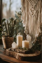 Fototapeta premium Two lit candles on a rustic wooden slab with crystals and greenery, beside a macrame wall hanging and a potted plant. Concept Candlelit Rustic Decor, Crystals and Greenery, Macrame Wall Hanging