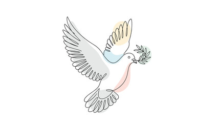 Fototapeta premium Artistic one-line drawing of a peace dove carrying a leafy branch with soft colorful shapes in the clean white background.