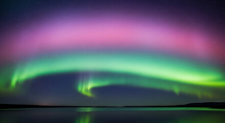 A scenic view of the Aurora Borealis with vibrant green and pink lights dancing in the night sky over a serene lake, creating a sense of wonder and natural beauty