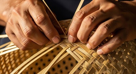 Close-up of skilled artisan hands weaving a traditional bamboo basket with intricate patterns in a focused and diligent manner.
