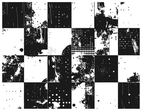 High-contrast abstract background featuring a black and white checkerboard grid with distressed grunge textures and splatter marks. Ideal for graphic layouts, posters