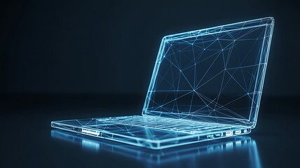High-Tech Wireframe Laptop on a Reflective Surface Representing Cyber Security and Future Computing