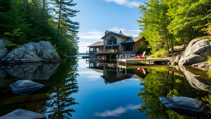 secluded house on a lake surrounded by trees and rocks transparent background