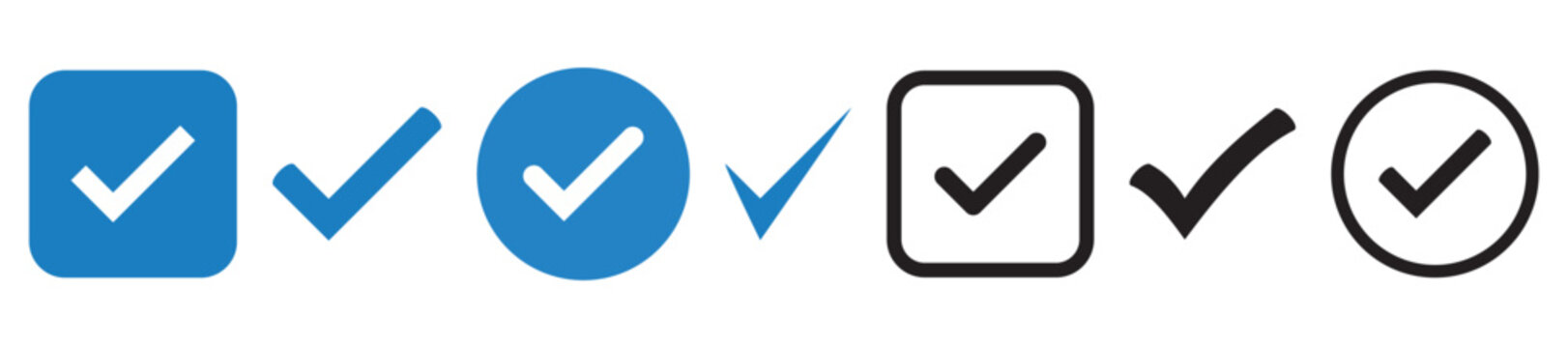 Green check mark icon set with circular and square outline checkbox tick symbols, flat isolated vector pictograms for approval, validation, success, completed task, OK sign