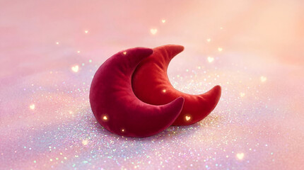 Red moon pillow velvet crescent moon romantic decor glitter background pink pastel dreamy lighting soft cushion valentine concept Gentle red moon