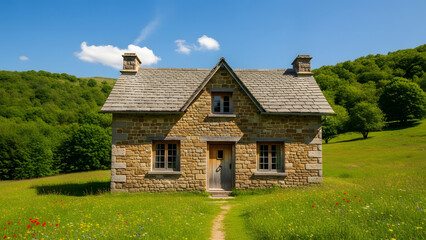 stone house in a green field with trees transparent background