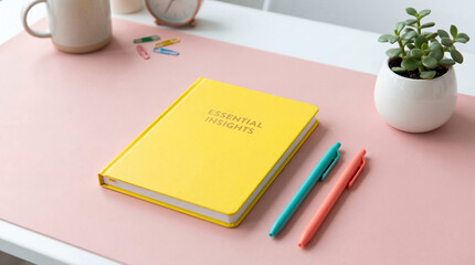 Workspace notebook desk pen office pink yellow minimal succulent plant stationery writing study learning organization planning productivity