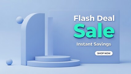 Flash deal sale banner with instant savings on a stylish 3d geometric blue background