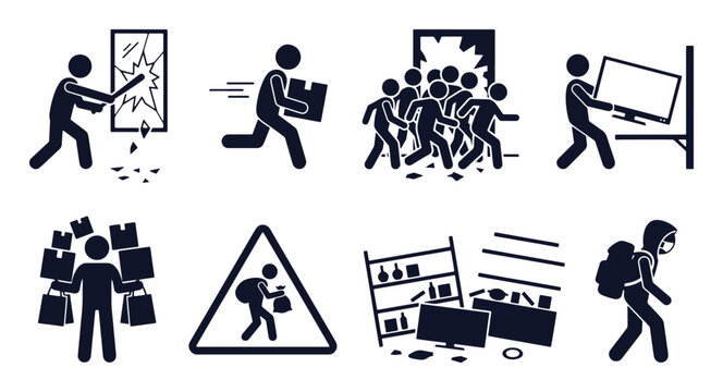 Looting and theft icon set. Stick figure black silhouettes &ndash; mob vandalism, shop robbery, stolen goods, smashed windows, masked intruder. Flat vector pictograms