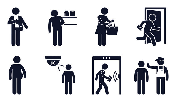 Shoplifting icon set. Stick figure black silhouettes &ndash; hiding goods, store theft, running escape, alarm gate alert, security camera. Flat vector pictograms
