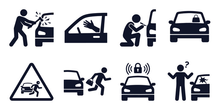 Car theft icon set. Stick figure black silhouettes &ndash; vehicle break-in, smashed window, stolen bag, alarm alert, confused victim. Flat vector pictograms