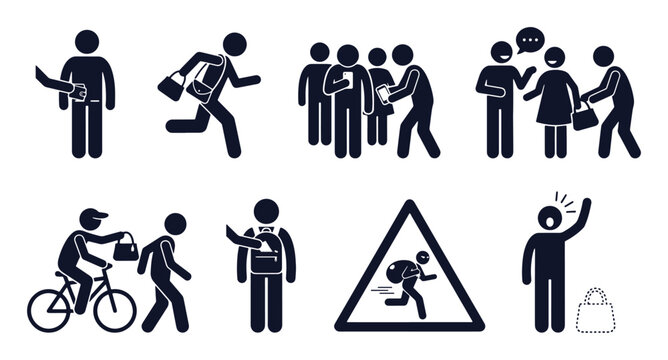 Public theft icon set. Stick figure black silhouettes &ndash; pickpocketing, bag snatching, crowd stealing, running escape. Flat vector pictograms