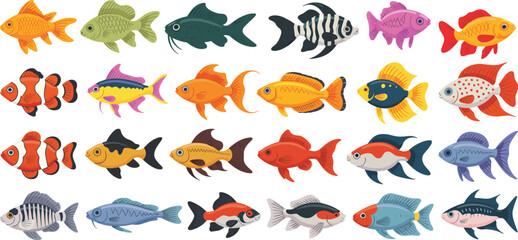 Colorful tropical fish illustration set featuring cartoon aquarium sea animals in flat vector style isolated on white background for kids design, education, branding, stickers, and digital projects © Itz Butterfly