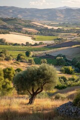 Fototapeta premium Sunlit countryside valley with olive trees, patchwork fields and distant rolling hills. Concept Sunlit countryside valley with olive trees, Patchwork fields and distant rolling hills