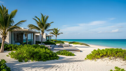 Tropical beach resort with palm trees and modern villas by the ocean transparent background