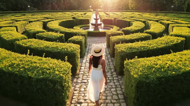 An elegant woman in a white dress walks into a hedge maze garden. Aerial drone view of a person on a path towards a fountain. Journey and exploration concept at sunset