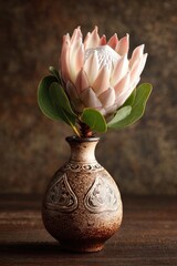 Fototapeta premium A pink protea bloom in a textured brown ceramic vase on a dark wooden table. Concept Pink protea bloom, Textured brown ceramic vase, Dark wooden table, Floral still life, Minimalist tabletop decor