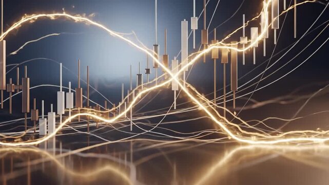 Abstract financial chart with upward trending candlesticks and glowing lines, representing market growth.