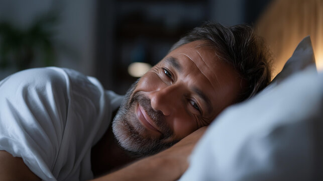 Faceless smiling middle-aged man waking up peacefully in white cozy bed at home, morning awakening moment, comfortable sleep conclusion, defocused face, with copy space - Powered by Adobe