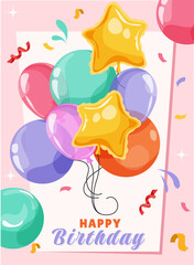 Fototapeta premium Bright birthday celebration image with colorful balloons, shiny star shapes, confetti, and festive text on a pink and white background. Vector illustration