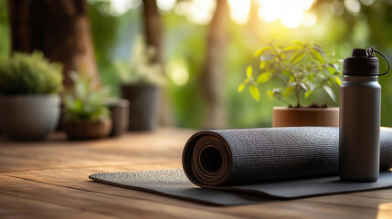 Yoga setup tranquility in morning, mat and water bottle invite relaxation and wellness set against backdrop of bright morning, fitness preparation display, with copy space