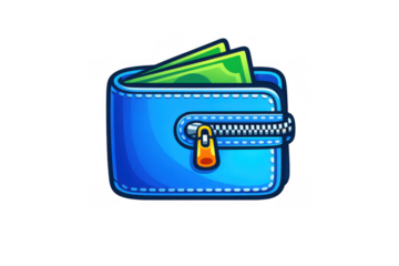 Blue wallet holding paper money, representing finance, savings, income, and banking, with a zipper on transparent background
