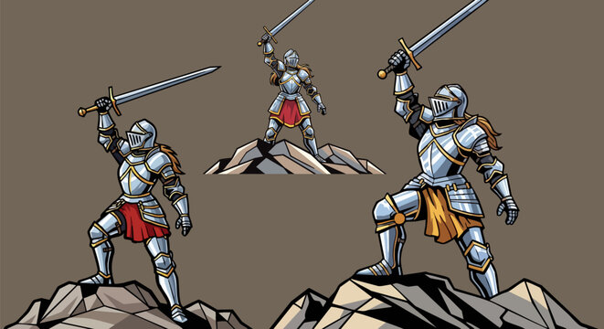 Three stylized medieval knight illustrations in full plate armor triumphantly raising swords atop rocky terrain.