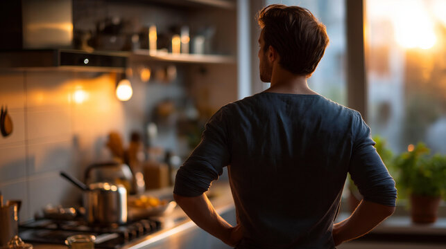 Faceless man standing in kitchen at sunrise, mindful eating and lifestyle change concept, calm morning routine healthy living, defocused person, with copy space