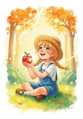 Happy little girl finding magical apple in autumn forest
