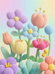 Plush fabric flowers blooming in pastel colored garden
