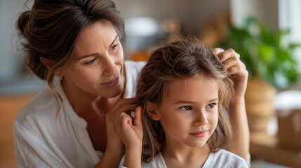 Faceless mother gently combing daughter's hair in soft morning light at home, tender moment, parent-child grooming, family care activity, defocused faces, with copy space