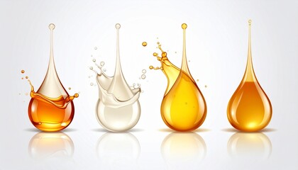 Stylized liquid droplets in mid-air with glossy surfaces and golden-yellow focal drop on light gray background