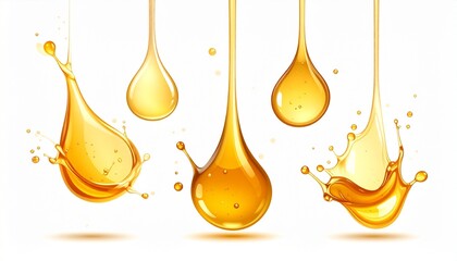 Stylized liquid droplets in mid-air with glossy surfaces and golden-yellow focal drop on light gray background