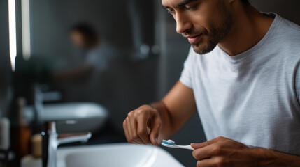 Faceless man applying toothpaste on brush morning dental hygiene routine, oral health care habit, bathroom personal care moment, daily wellness practice, defocused hands, with copy space
