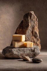 Obraz premium Pale cheese blocks stacked on a flat rock with a large rugged rock behind, set in a rustic still-life scene. Concept Rustic Still-Life, Cheese on Stone, Rugged Rock Backdrop, Natural Textures